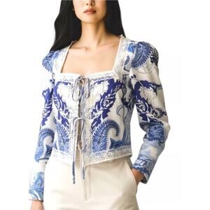 NWT Gianni Bini Womens Tie Front Blouse Crop Top Satin Lace Coquette Paisley S